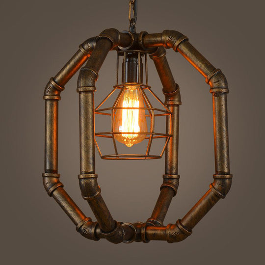 Brass Metal Dual Cage Pendant Light - Industrial Style for Dining Room - 1 Bulb Ceiling Hanging Lantern