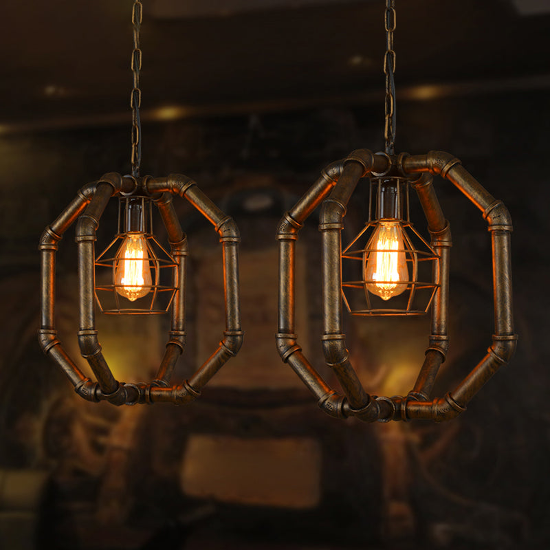 Brass Metal Dual Cage Pendant Light - Industrial Style for Dining Room - 1 Bulb Ceiling Hanging Lantern