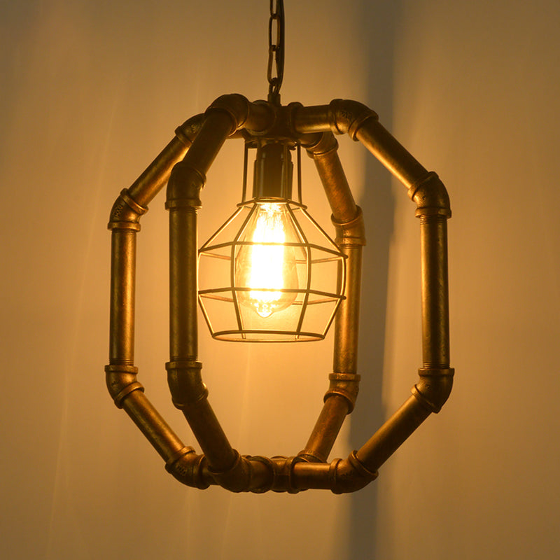 Brass Metal Dual Cage Pendant Light - Industrial Style for Dining Room - 1 Bulb Ceiling Hanging Lantern