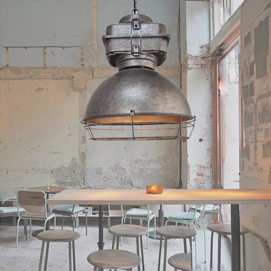 Industrial Dome Pendant Lighting With Metal Mine Light And Wire Cage Aged Silver