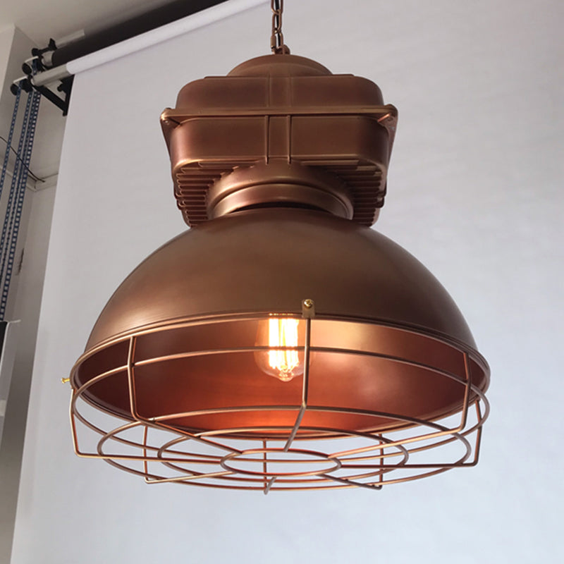 Industrial Dome Pendant Lighting With Metal Mine Light And Wire Cage Weathered Copper