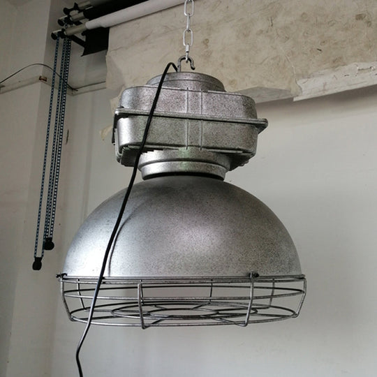 Industrial Dome Pendant Lighting With Metal Mine Light And Wire Cage Silver