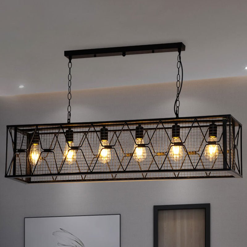 6-Light Rectangular Mesh Island Lighting: Black Metal Industrial Suspended Fixture