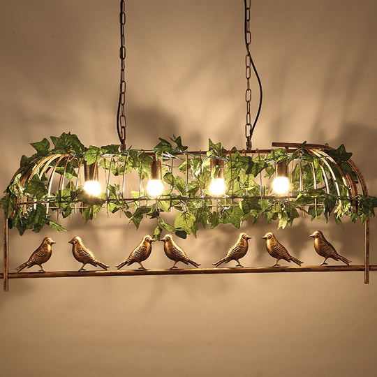 Country Bronze Birdcage Island Light With Bird And Faux Ivy - 4-Bulb Bar Suspension