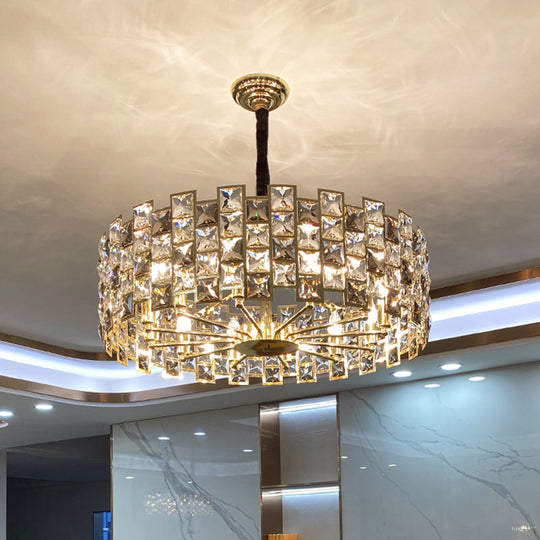 Minimalist Crystal Chandelier Pendant - Black Drum Shape with Rectangular Suspension - Ideal for Living Rooms