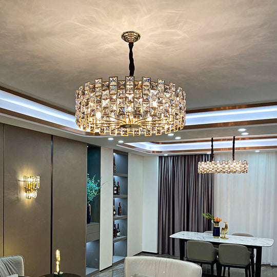 Minimalist Crystal Chandelier Pendant - Black Drum Shape with Rectangular Suspension - Ideal for Living Rooms