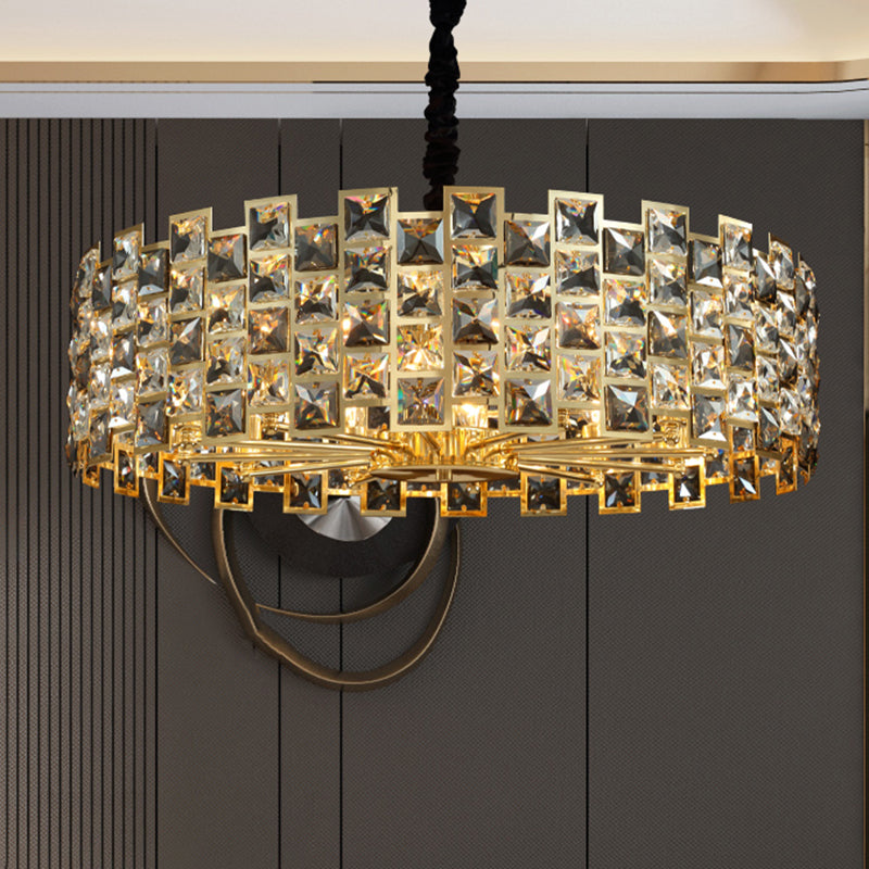 Minimalist Crystal Chandelier Pendant - Black Drum Shape with Rectangular Suspension - Ideal for Living Rooms