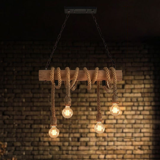 Rustic Wood And Rope Island Pendant Light Fixture - 4-Head Open Bulb Suspension Lighting