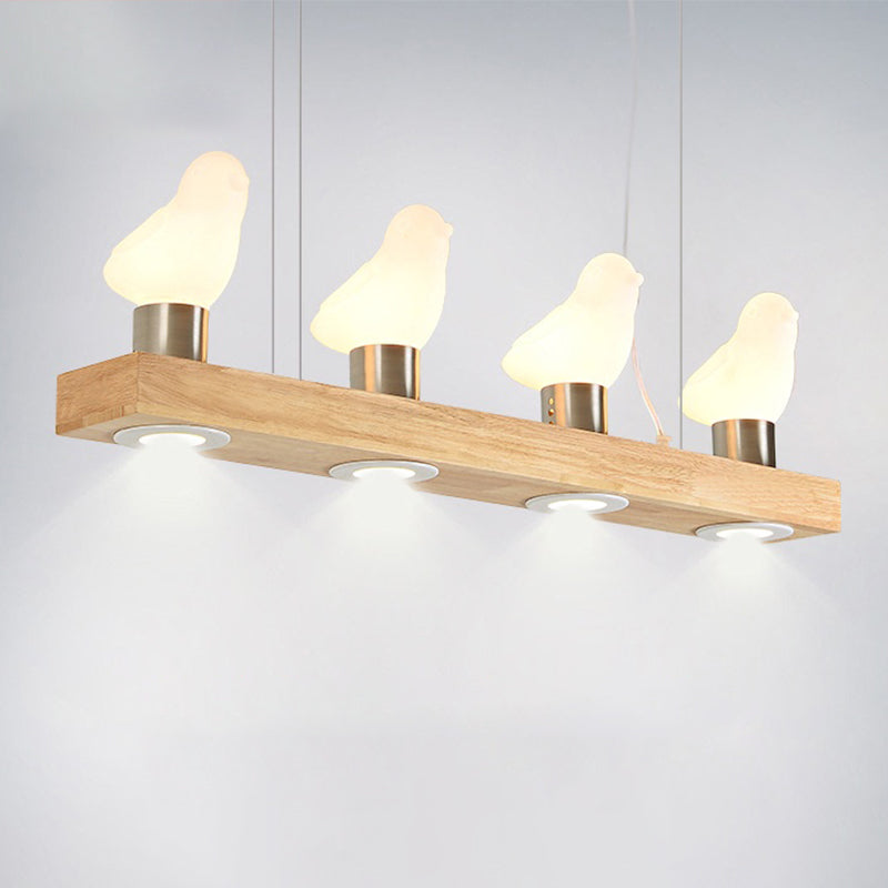 Ivory Glass Bird Island Pendant Lighting Fixture With Decorative Wood Suspended Design