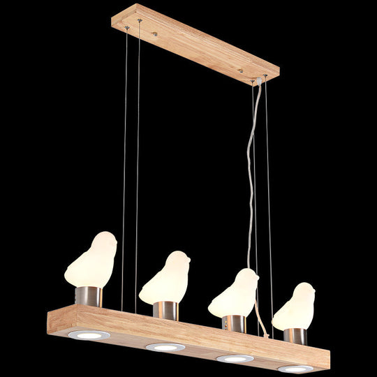 Ivory Glass Bird Island Pendant Lighting Fixture With Decorative Wood Suspended Design