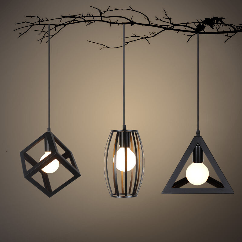 Black Geometric Cage Suspension Lamp: Industrial Iron Hanging Ceiling Light For Restaurants