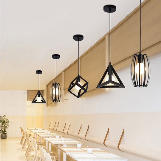 Industrial Iron Geometric Cage Hanging Ceiling Light - Black Suspension Lamp for Restaurants