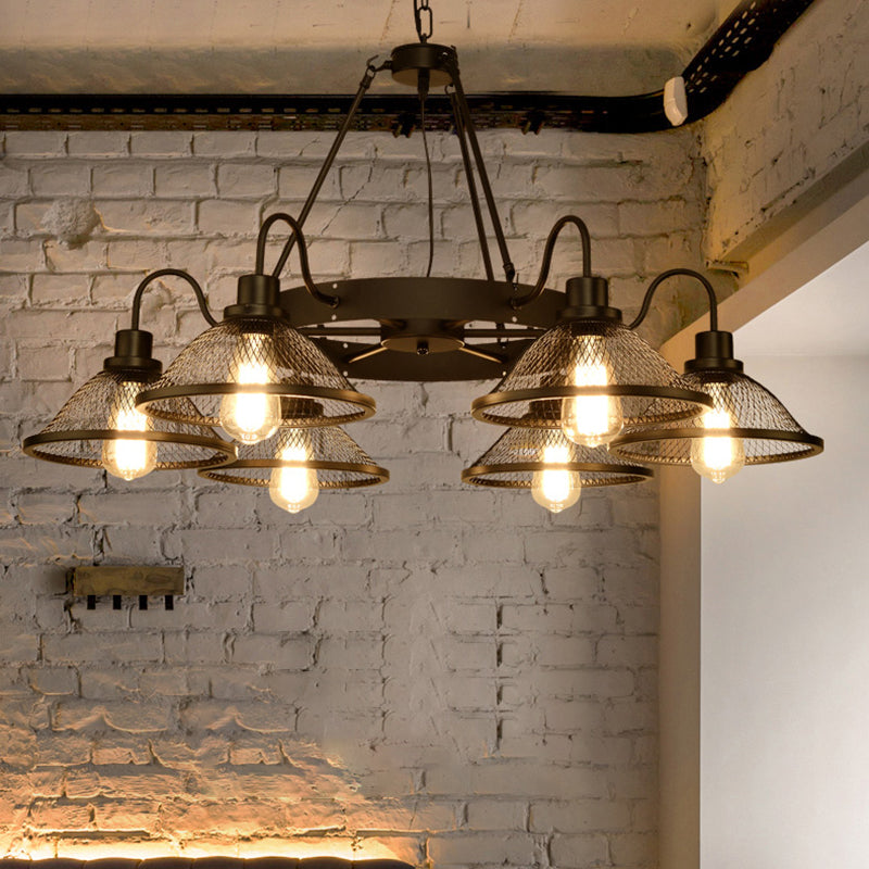 Industrial Conical Mesh Chandelier - Black Metallic Suspended Lighting for Restaurants