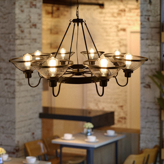 Industrial Conical Mesh Chandelier - Black Metallic Suspended Lighting for Restaurants