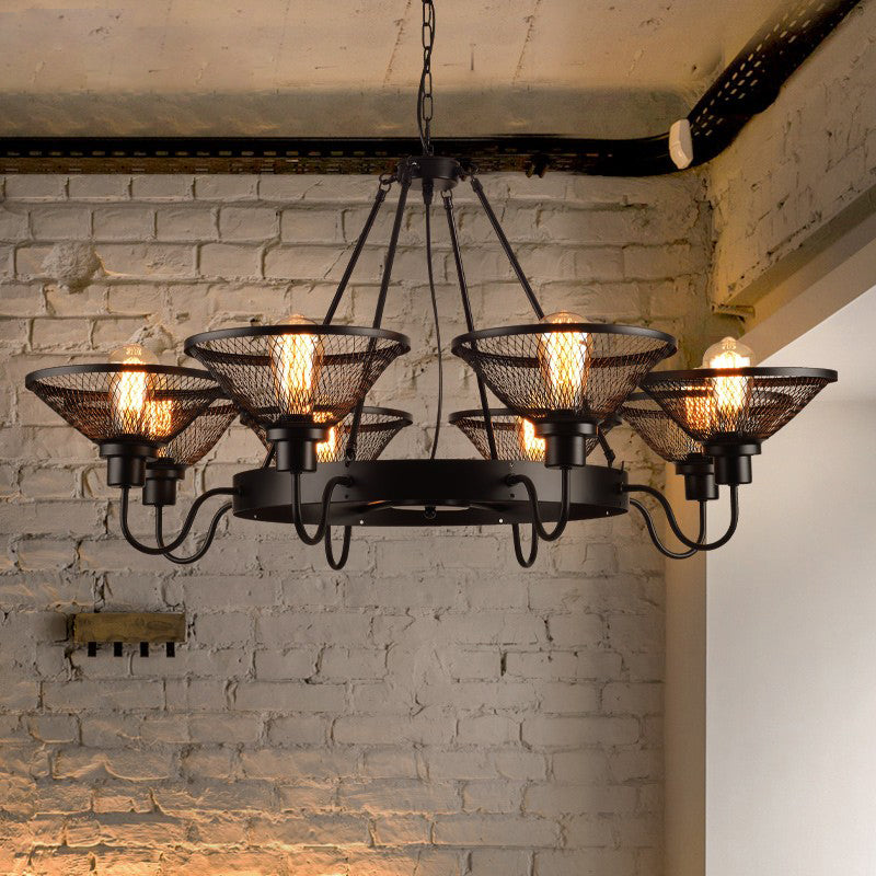 Industrial Conical Mesh Chandelier - Black Metallic Suspended Lighting for Restaurants