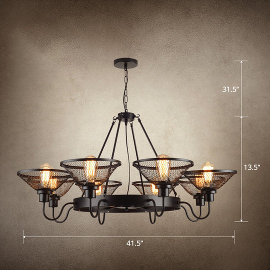 Industrial Black Conical Mesh Chandelier: Stylish Suspended Lighting For Restaurants