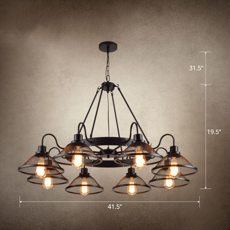 Industrial Black Conical Mesh Chandelier: Stylish Suspended Lighting For Restaurants