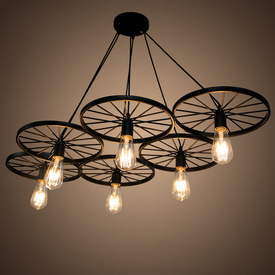 Black Industrial Wheel Chandelier for Living Room: Metal Hanging Light Fixture