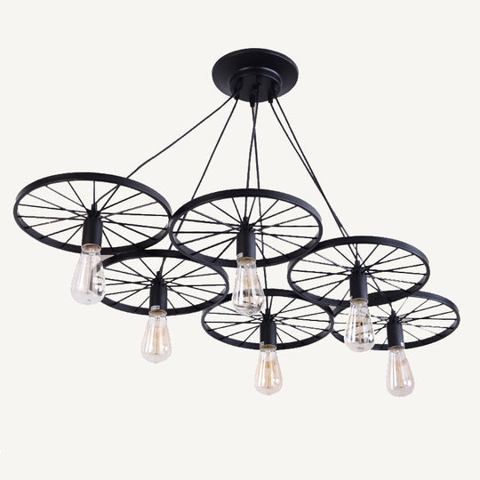 Black Industrial Wheel Chandelier for Living Room: Metal Hanging Light Fixture