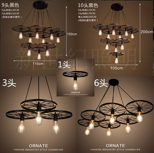 Industrial Metal Hanging Chandelier Light Fixture For Living Room - Black Wheel Design 9 /