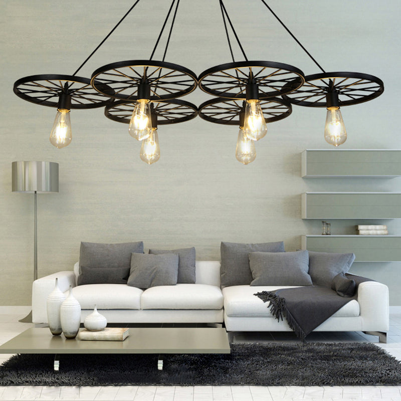 Black Industrial Wheel Chandelier for Living Room: Metal Hanging Light Fixture