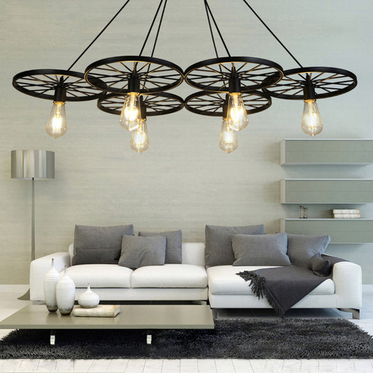 Black Industrial Wheel Chandelier for Living Room: Metal Hanging Light Fixture