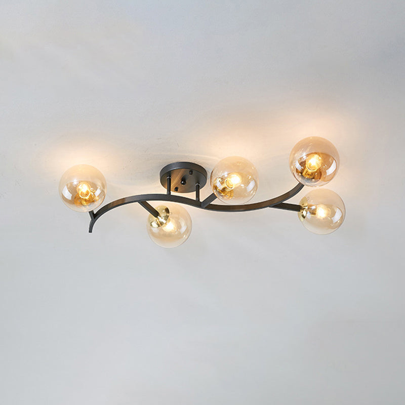 Postmodern Glass Ball Ceiling Light For Living Room - Branch Semi Flush Mount 5 / Black Cognac