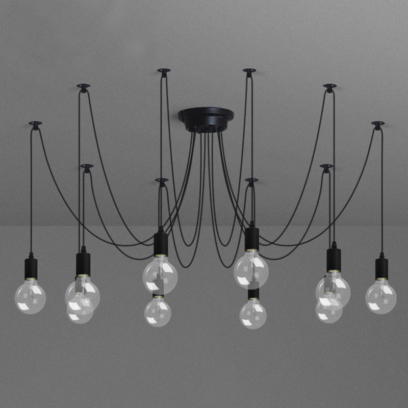 Metallic Swag Pendant Chandelier with Exposed Industrial Bulbs for Living Room in Black