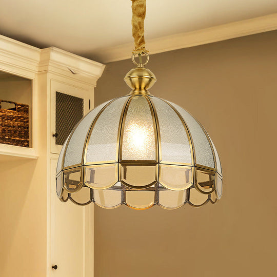 Antique Textured Glass Dome Pendant Light With Scalloped Edge - Gold Finish