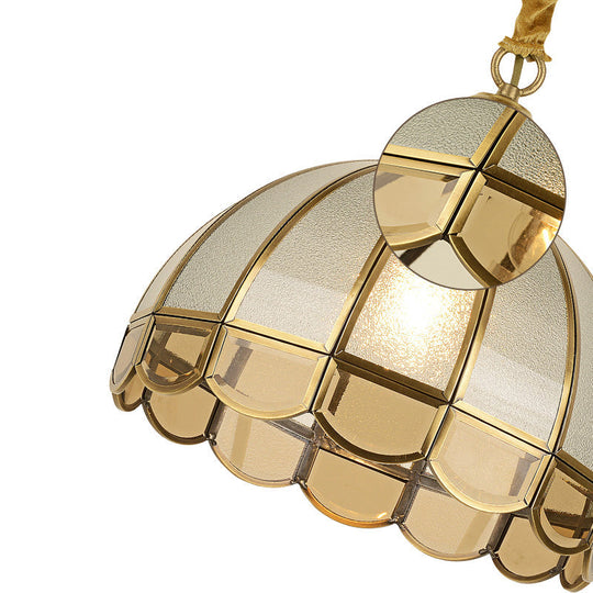 Antique Textured Glass Dome Pendant Light With Scalloped Edge - Gold Finish