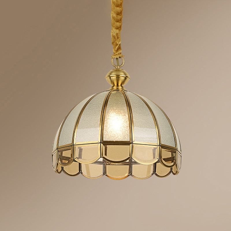 Antique Textured Glass Dome Pendant Light With Scalloped Edge - Gold Finish