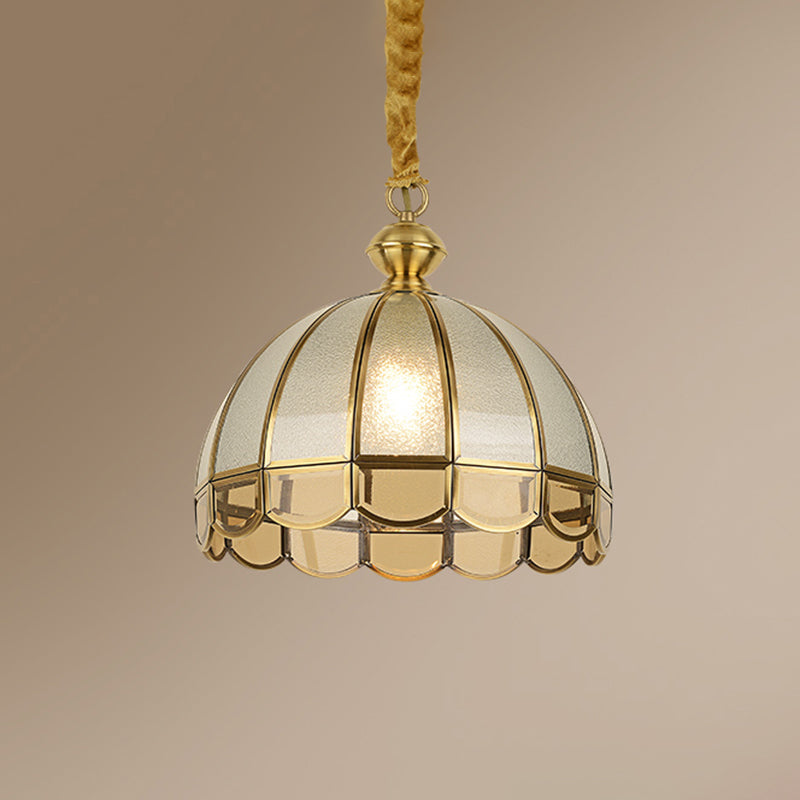 Antique Textured Glass Dome Pendant Light With Scalloped Edge - Gold Finish