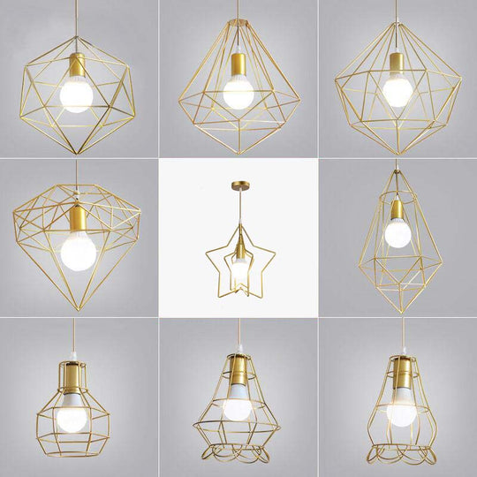 Gold Wire Cage Pendant Light - Nordic Style Ceiling Lamp for Dining Room