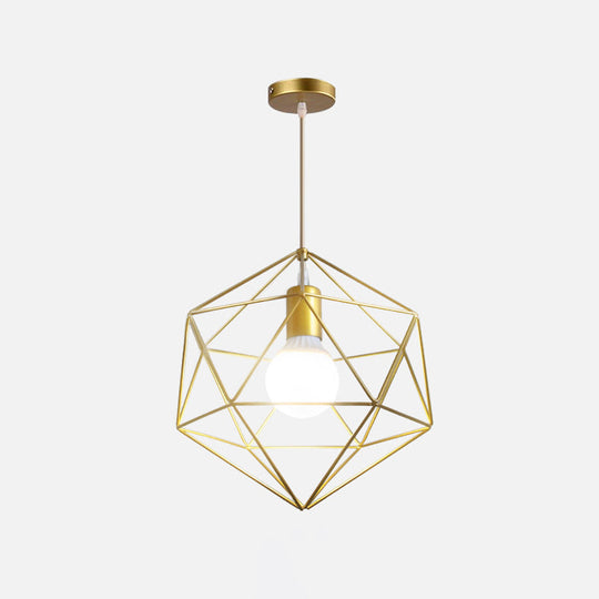 Nordic Style Gold Metal Wire Cage Pendant Light For Dining Room Ceiling / Rhombus