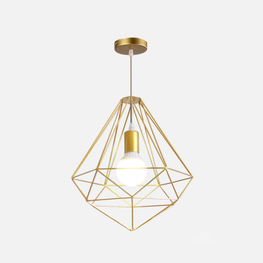 Nordic Style Gold Metal Wire Cage Pendant Light For Dining Room Ceiling / Polygon