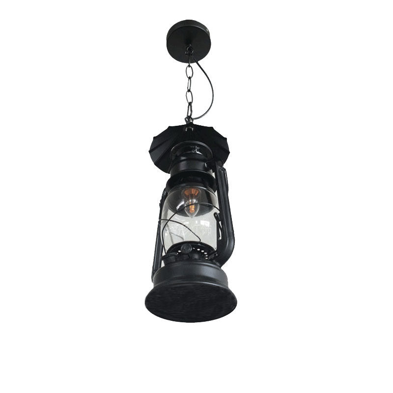 Nautical Clear Glass Kerosene Lantern Pendant Light - Single-Bulb Hanging Lamp For Corridor Black /