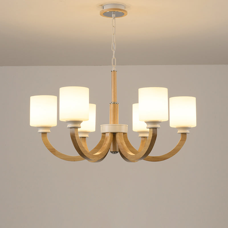 Minimalist Brown Wooden Chandelier with White Glass Shade