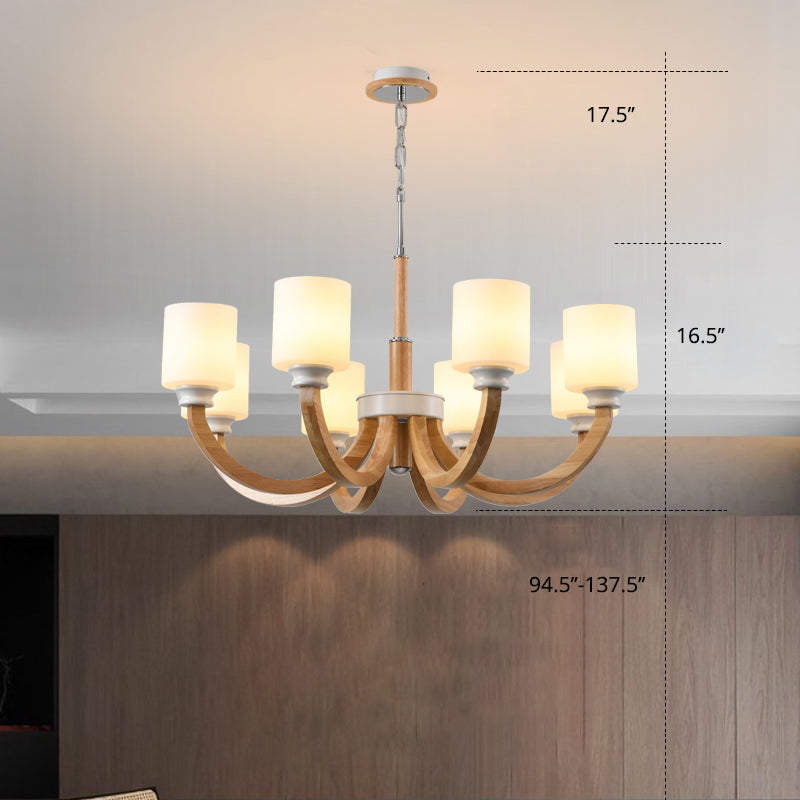 Minimalist Brown Wooden Chandelier with White Glass Shade