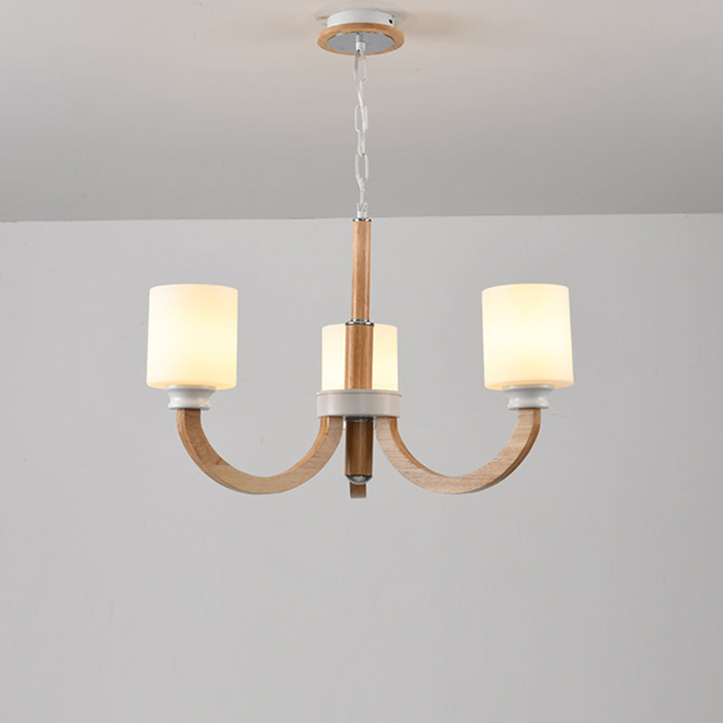 Minimalist Brown Wooden Arc Arm Chandelier With Cylindrical White Glass Shade 3 / Wood