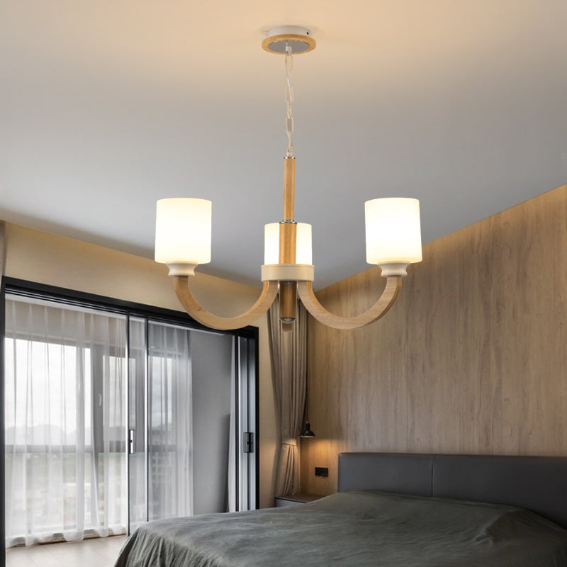 Minimalist Brown Wooden Chandelier with White Glass Shade