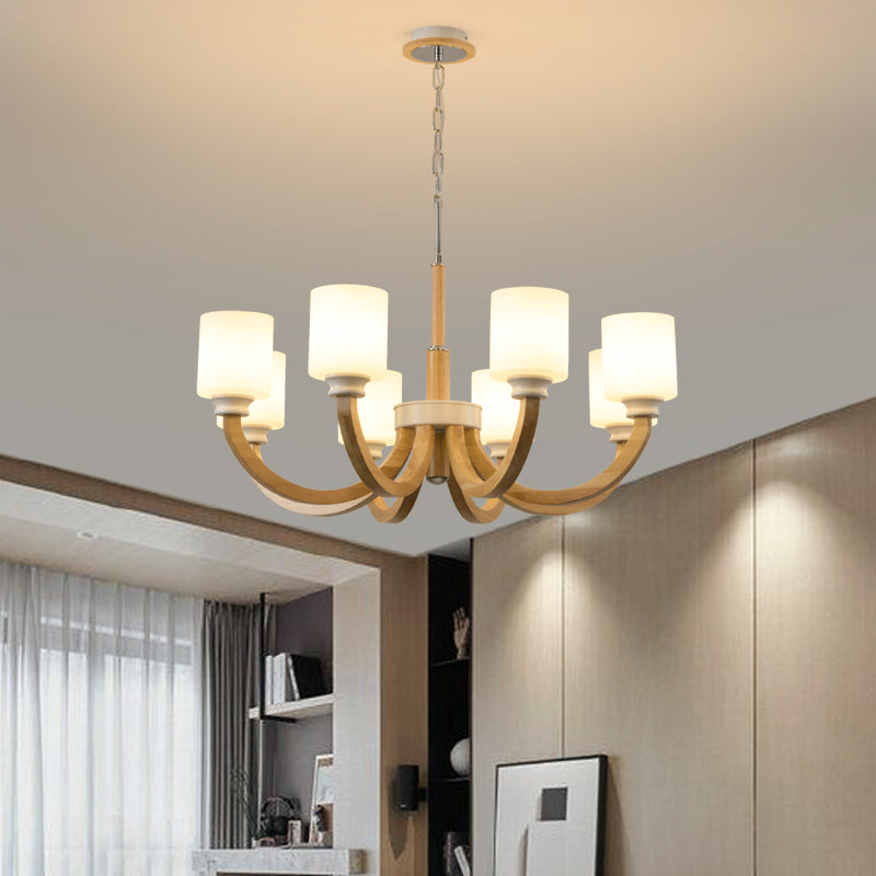 Minimalist Brown Wooden Chandelier with White Glass Shade