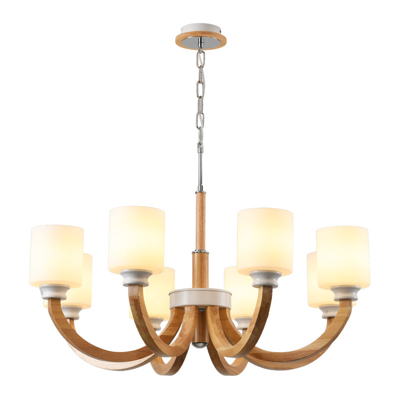 Minimalist Brown Wooden Chandelier with White Glass Shade