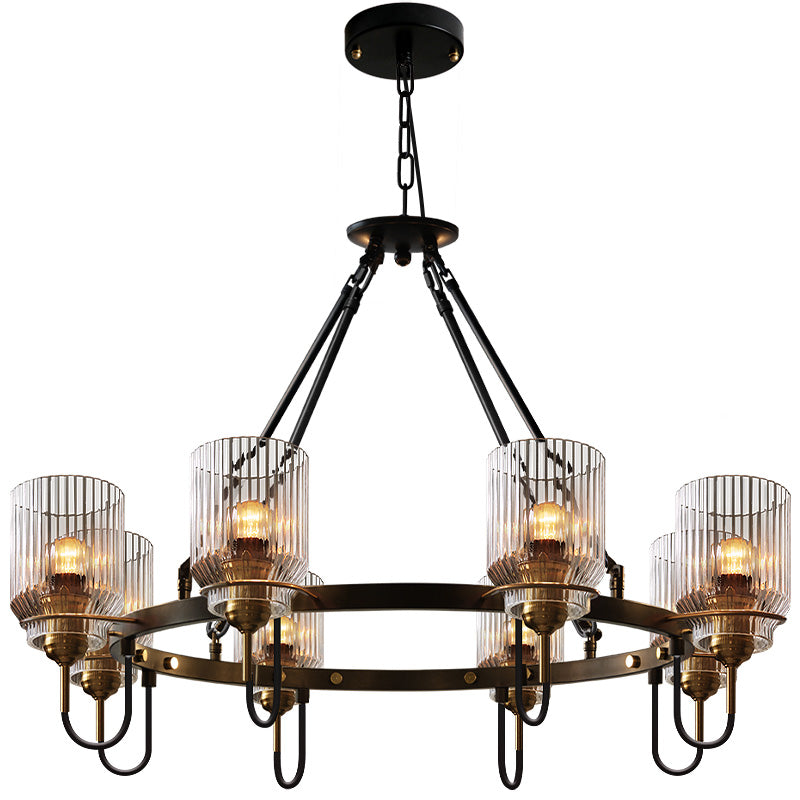 Vintage Ribbed Glass Chandelier For Dining Room - Cylindrical Suspension Lamp In Black