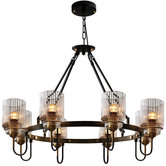 Vintage Ribbed Glass Chandelier For Dining Room - Cylindrical Suspension Lamp In Black