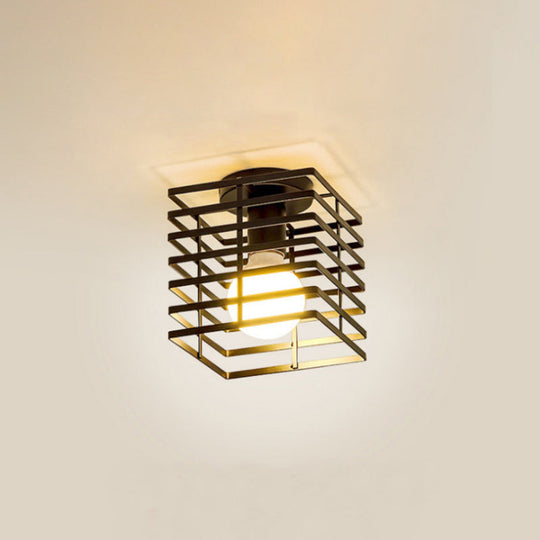 Iron Ceiling Mounted Industrial Black Rectangular Cage Flush Light - 1-Bulb Fixture for Corridors