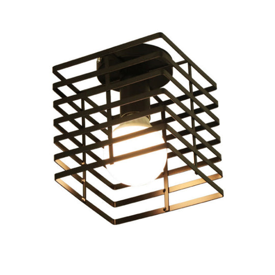 Iron Ceiling Mounted Industrial Black Rectangular Cage Flush Light - 1-Bulb Fixture for Corridors