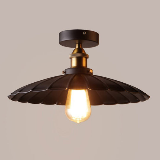 Vintage Metal 1-Light Semi-Flush Ceiling Light - Black Shaded Kitchen Fixture