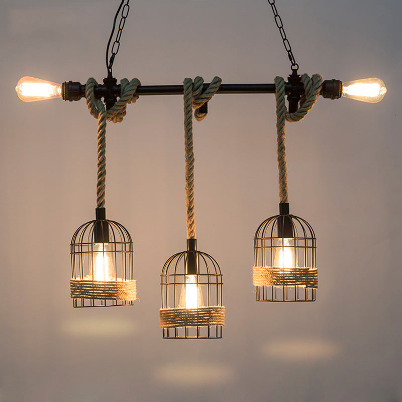 Rustic 5-Light Black Birdcage Island Pendant For Dining Rooms