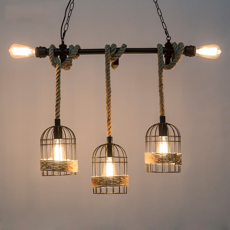 Rustic 5-Light Black Birdcage Island Pendant For Dining Rooms