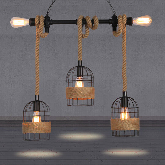 Rustic 5-Light Black Birdcage Island Pendant For Dining Rooms